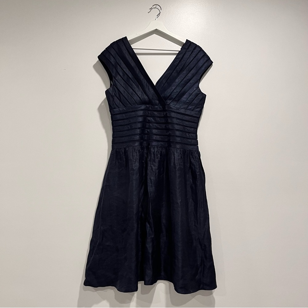Adrianna Papell Navy Blue Ribbon Pleated Formal Cocktail Dress Size 14